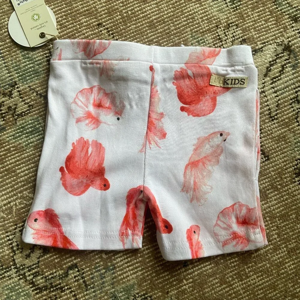 NWT L'oved Baby GOTS Organic Cotton Toddler Shorts Coral Pink Fish Print Size 2T